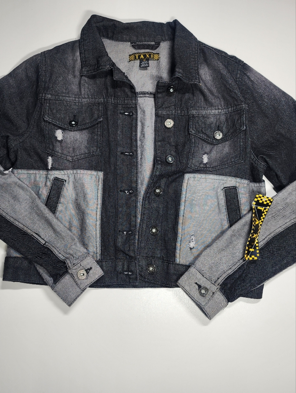 Patchwork Distressed Denim Jacket Black Grey Colorblock Remake M NWT